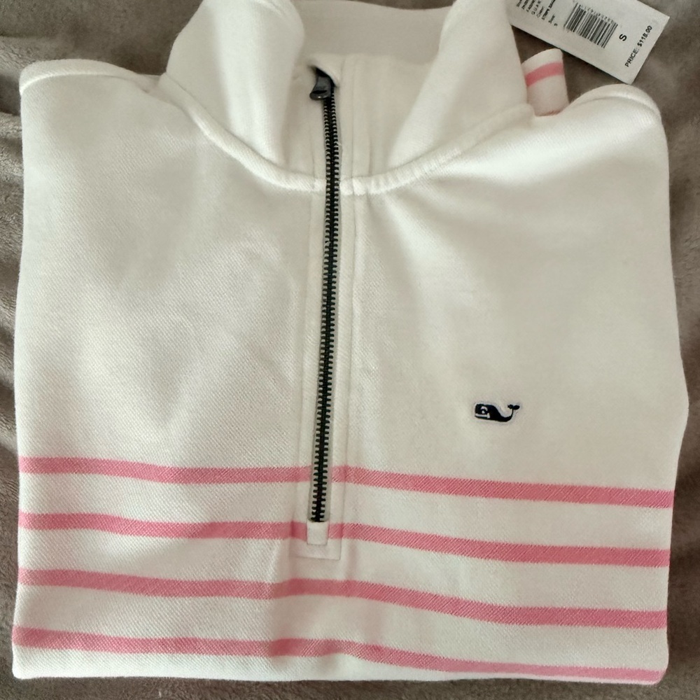 Vineyard Vines Pink and Cream Striped Quarter-Zip Pullover